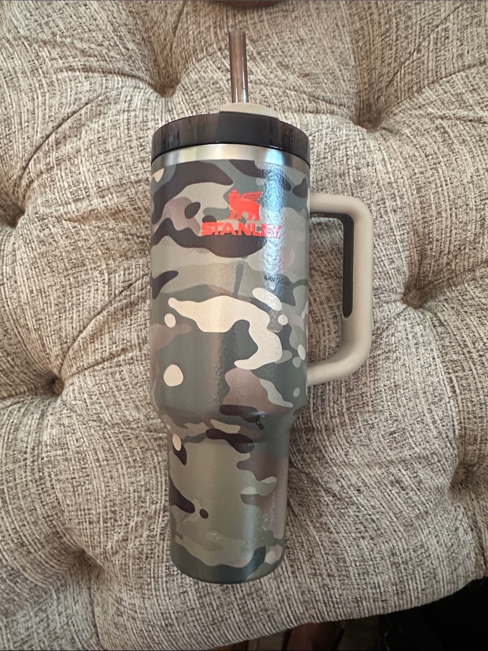 Post Malone Stanley Camo Travel Tumbler with Handle — Gray, Green, Black